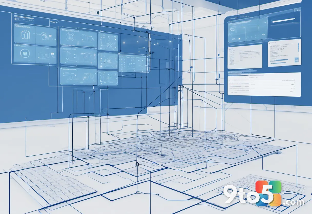 Abstract representation of software architecture with interconnected nodes and circuit patterns, blue and white color sc