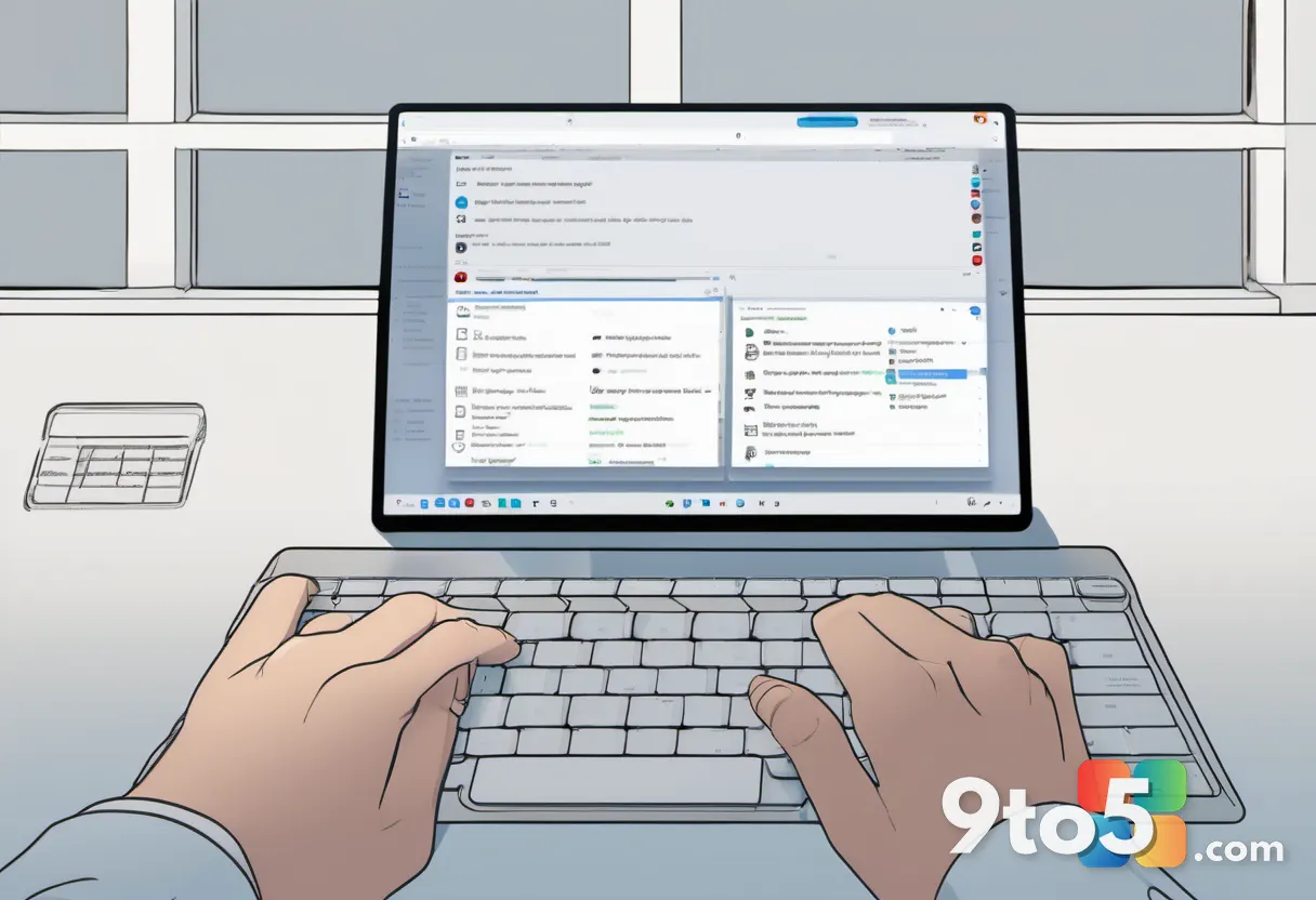 A close-up of a user's hands typing on a backlit keyboard with a Windows 11 language settings panel visible on a nearby 