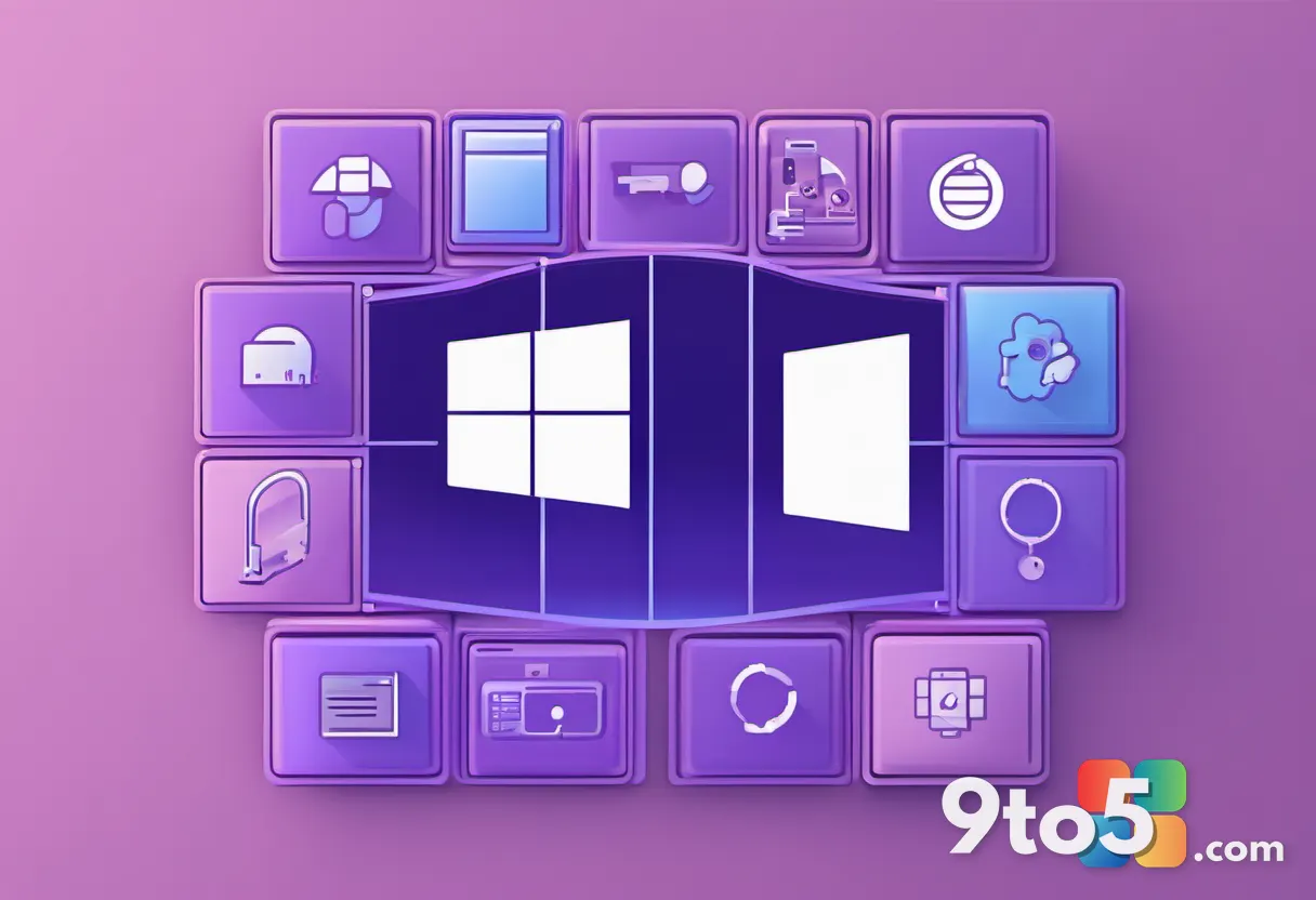 A minimalist illustration of a Windows logo surrounded by diverse accessibility icons and language symbols, rendered in 