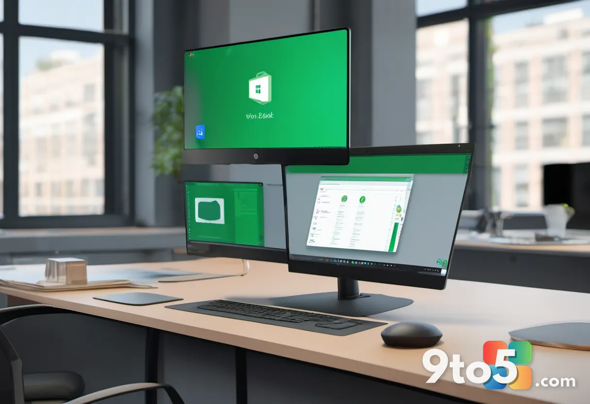 A modern office desk with a laptop showing Windows 11 interface, surrounded by subtle security icons and a green checkma
