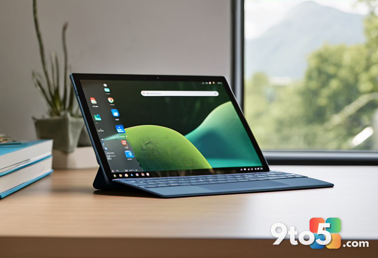 A close-up of a sleek Surface Go tablet resting on a wooden desk, with soft natural light highlighting its compact desig