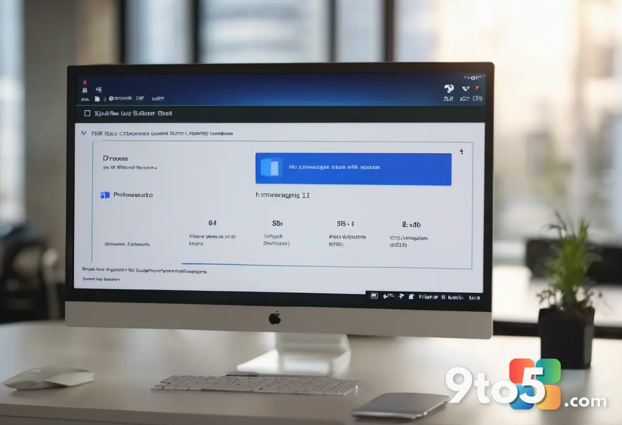 A close-up of a computer screen showing a progress bar for a software update, with soft lighting and a blurred office ba