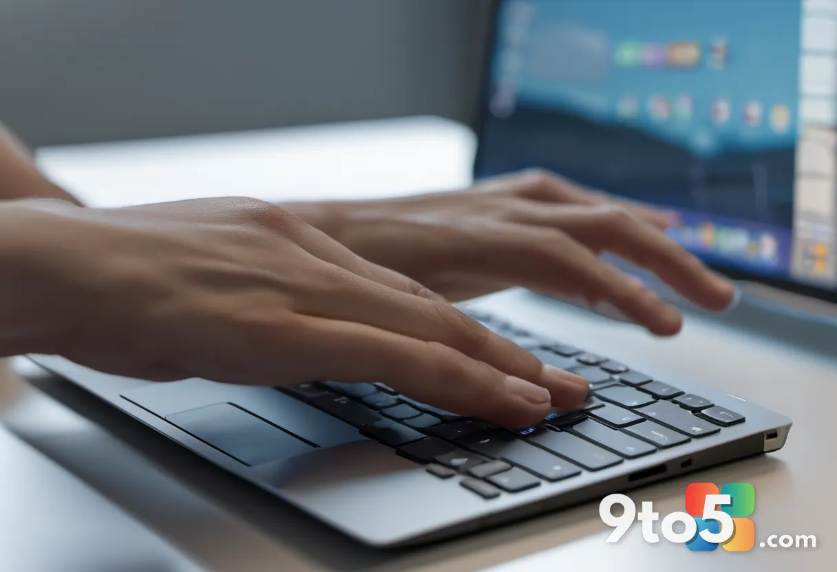 Close-up of a hand performing multi-finger swipe gestures on a glass touchpad, modern laptop keyboard visible, clean off