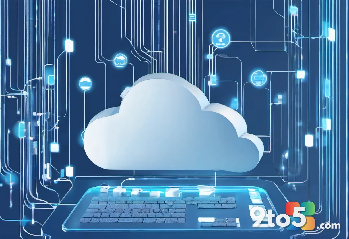 An abstract digital illustration of data streams flowing from cloud icons into a hard drive symbol. The colors are cool