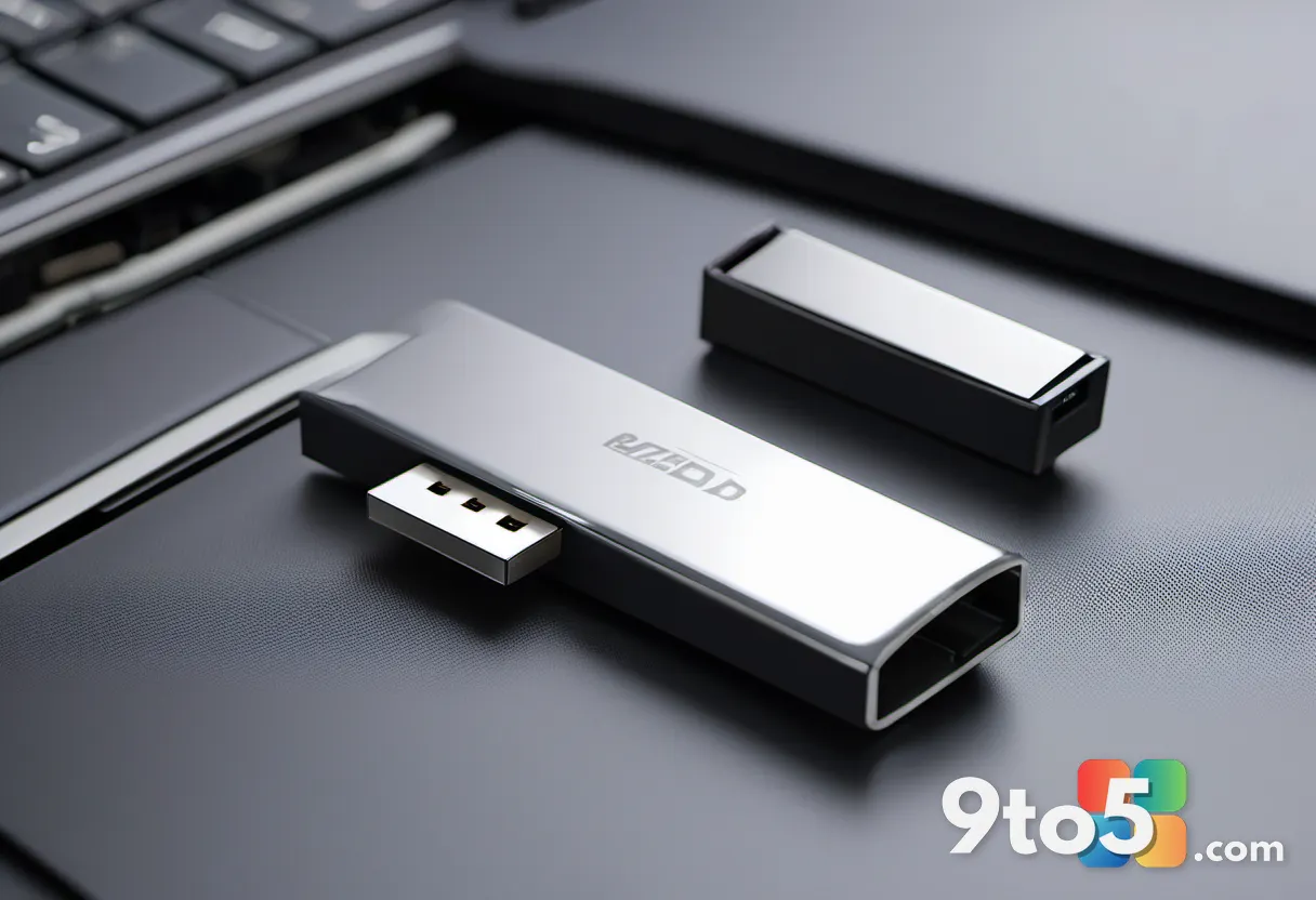 A close-up of a USB flash drive lying disconnected next to a laptop, symbolizing the elimination of physical installatio