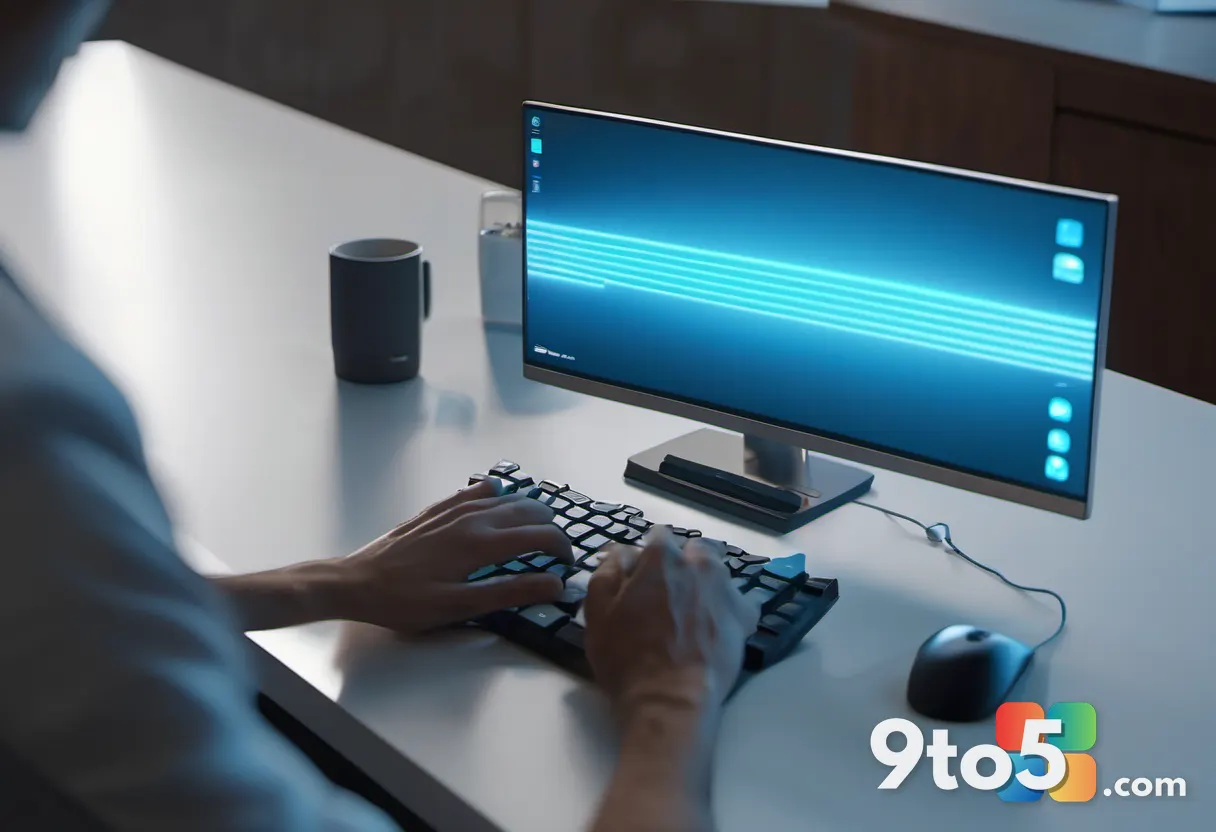 A close-up of a user's hands typing on a backlit keyboard with a soft blue AI glow reflecting on the desk surface, moder