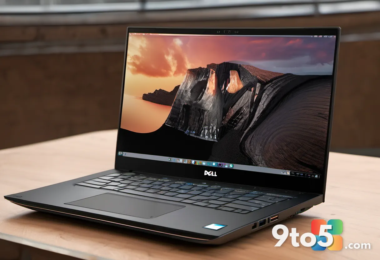 A realistic photo of a Dell laptop chassis with a subtle heat haze effect rising from the vents, placed on a wooden surf