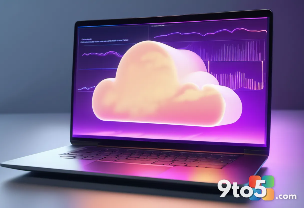 A glowing cloud icon hovering above a laptop screen with data streams flowing downward, symbolizing cloud-based system r