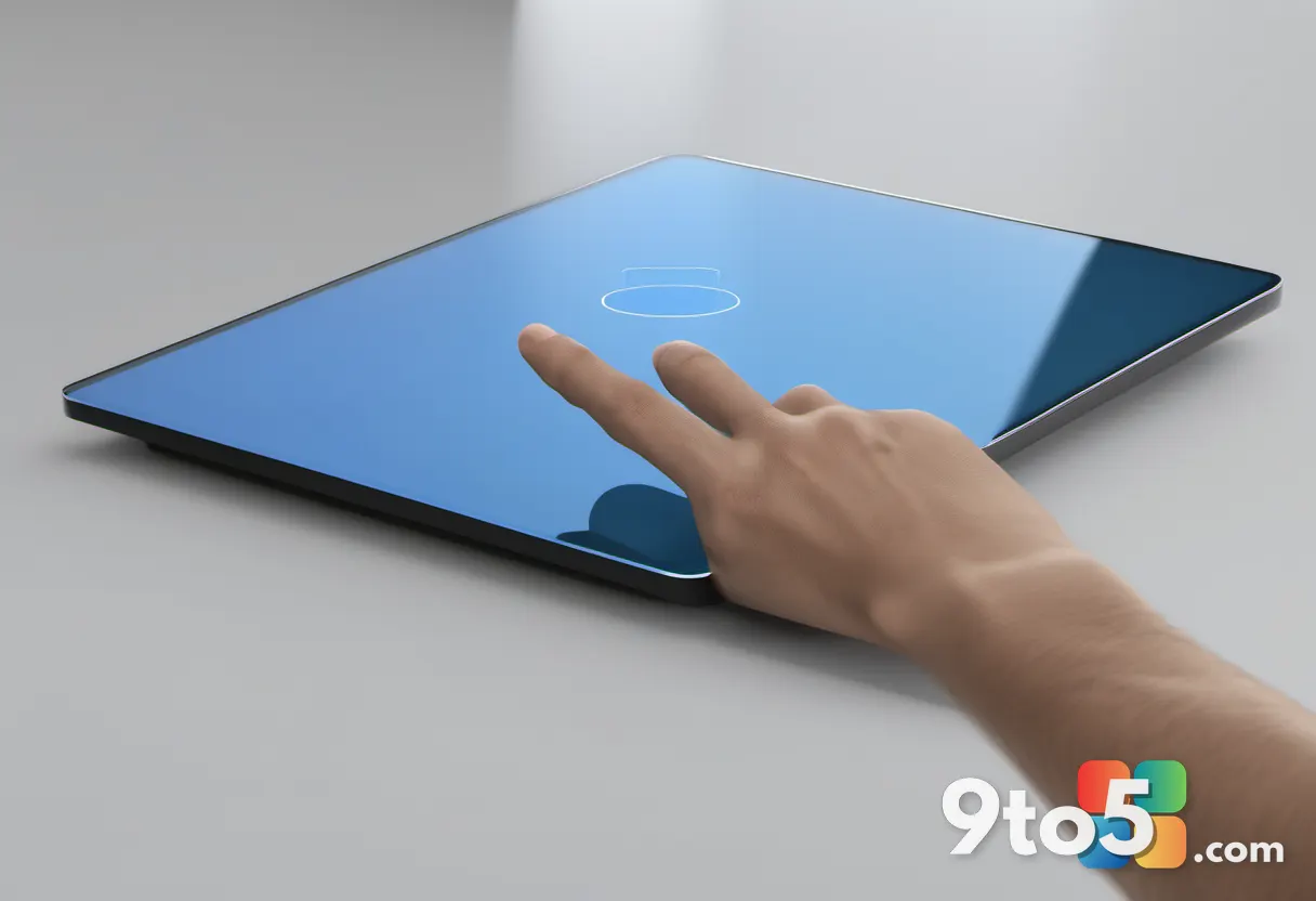 A hand performing a three-finger swipe gesture on a glass touchpad, with subtle motion lines and a Windows 11 desktop ba