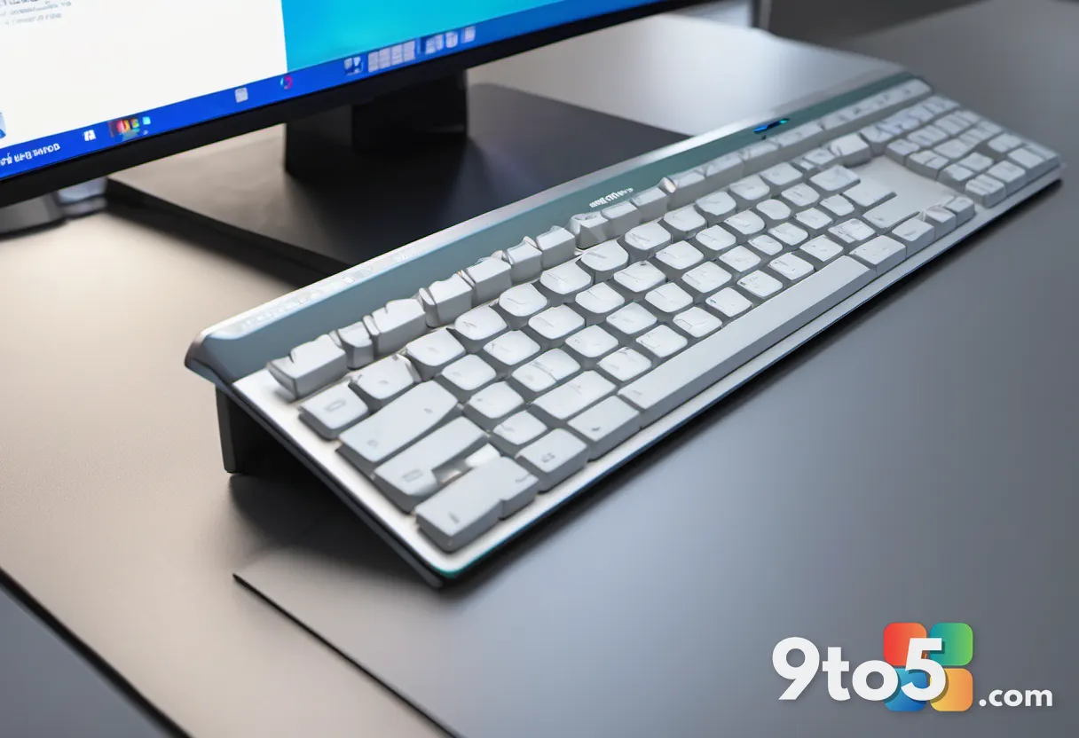 A close-up photograph of a modern keyboard with the Windows key illuminated, resting on a clean desk beside a monitor sh