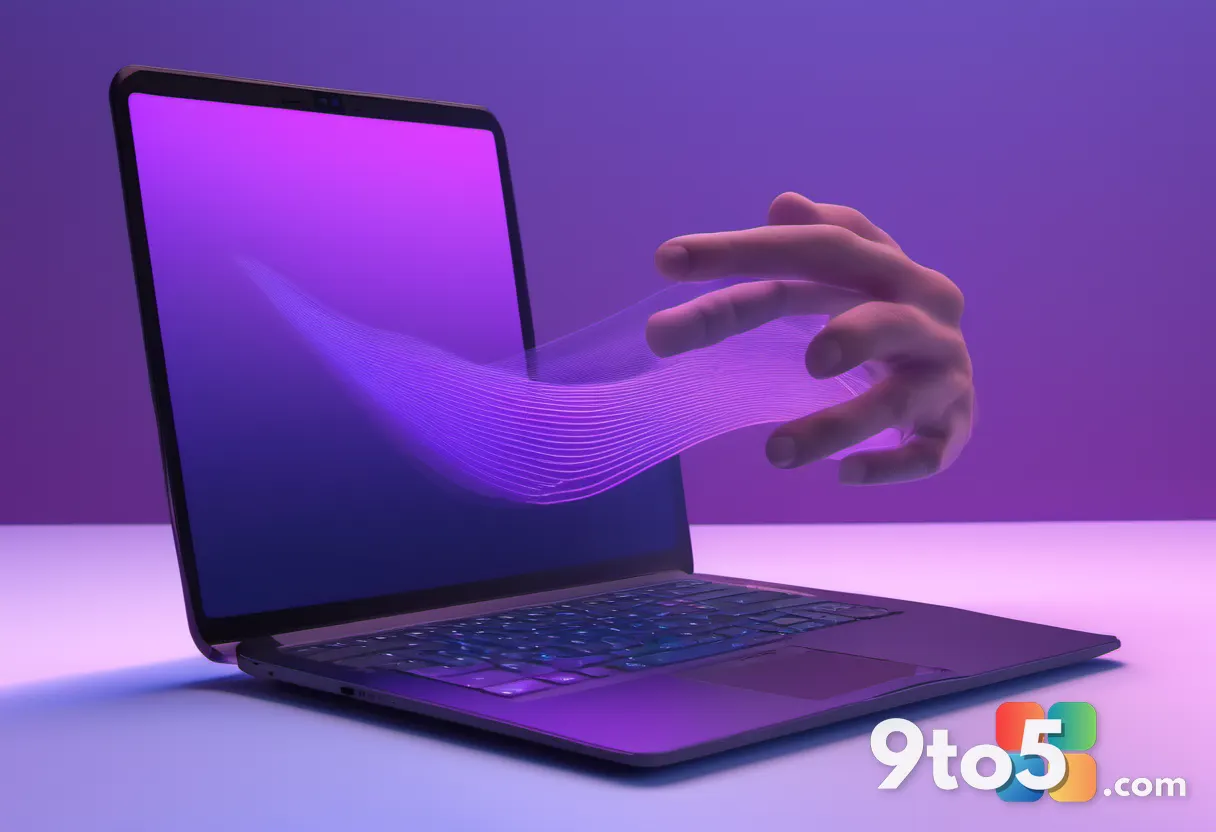 A conceptual illustration of a hand hovering over a laptop touchpad with visible haptic waves emanating from the surface