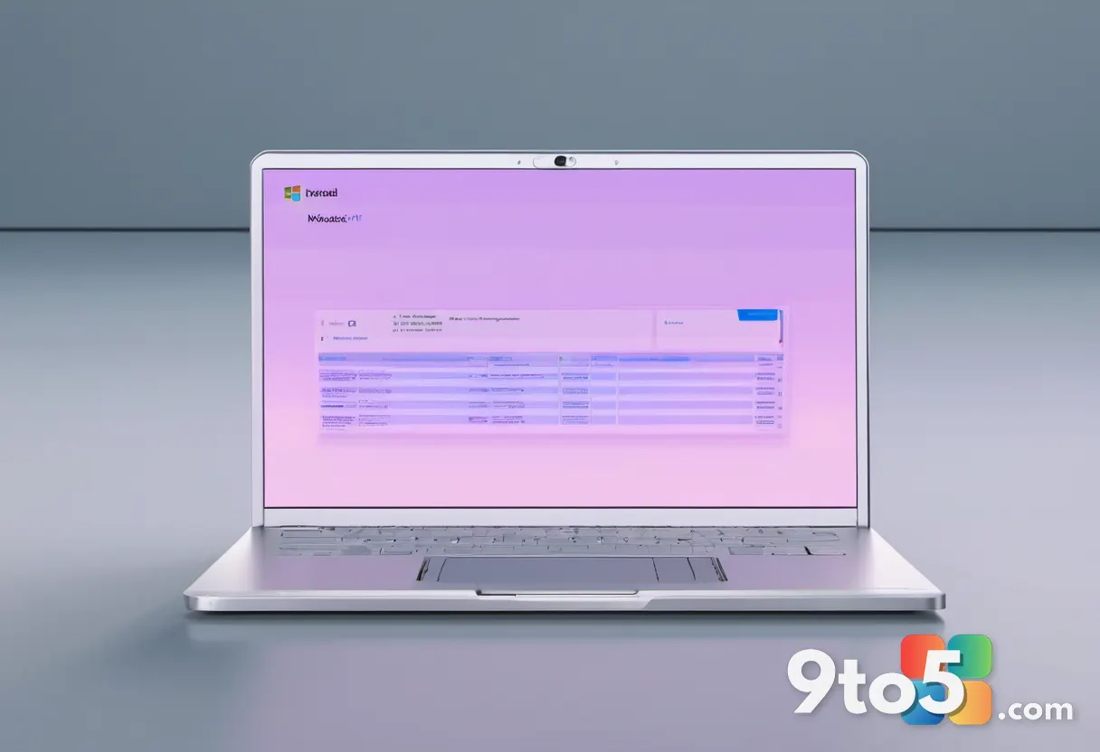 A modern laptop on a desk with the Windows logo subtly projected onto the screen, surrounded by icons representing updat