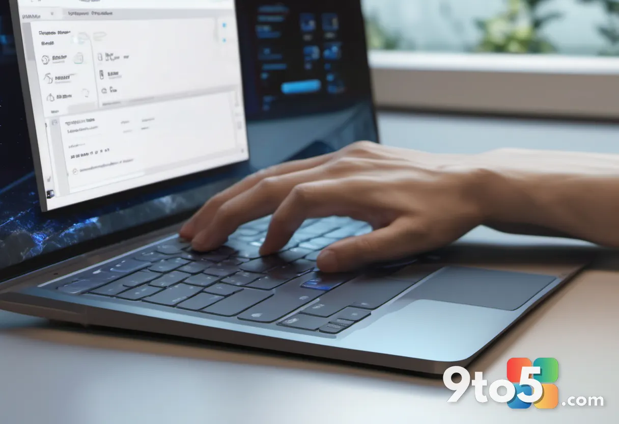 A close-up of a hand using a laptop touchpad with subtle motion lines indicating swipe and zoom gestures, soft focus bac