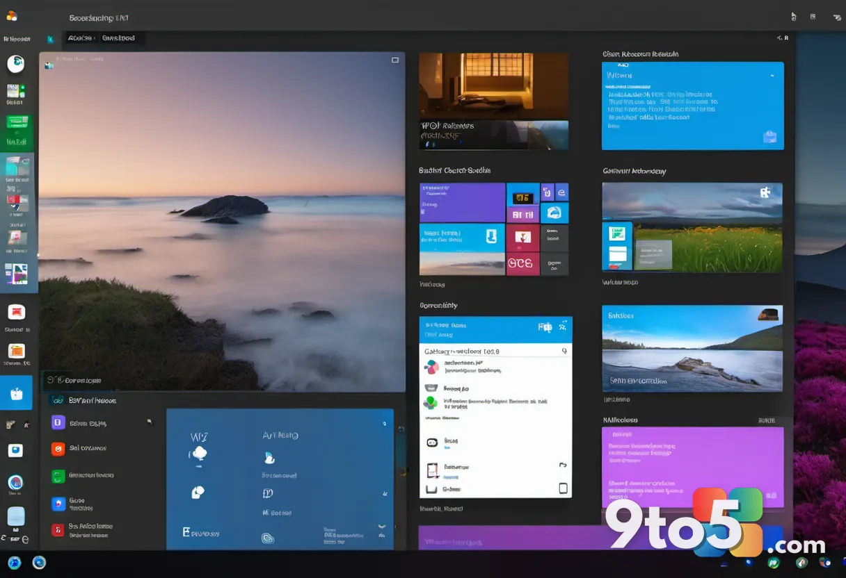 A clean desktop view of the Windows 11 Start menu with toggle switches and layout options visible, soft gradients, moder