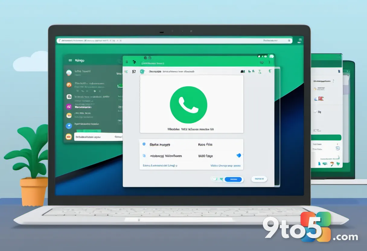 A minimalist illustration of a Chromium browser window displaying the WhatsApp web interface, surrounded by floating RAM