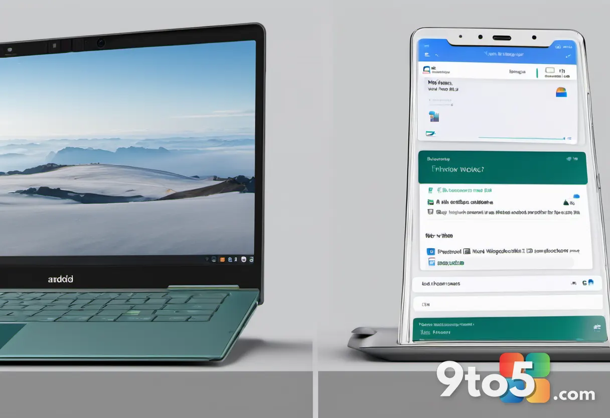 A split-screen composition showing an Android smartphone on the left and a Windows 11 laptop on the right, with a subtle