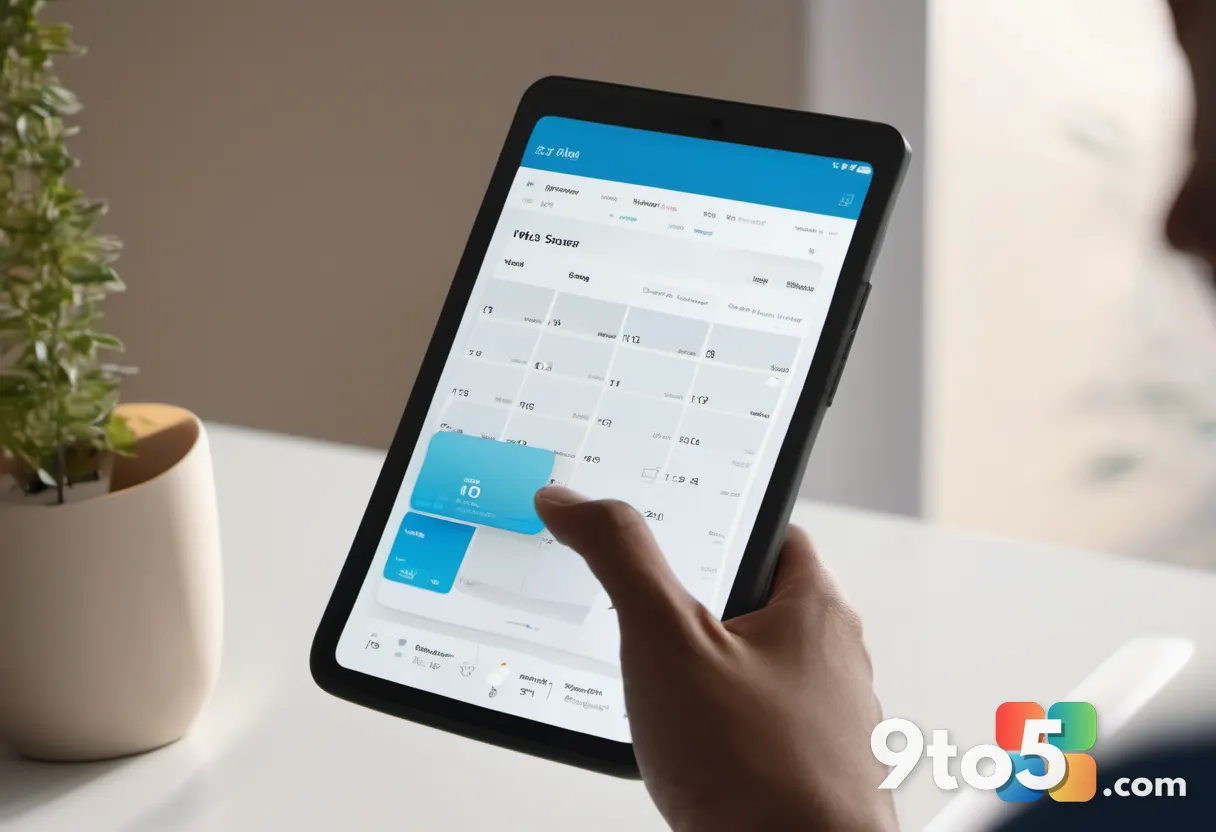 A hand tapping a tablet screen to open a streamlined information hub, clean interface with weather and calendar widgets,