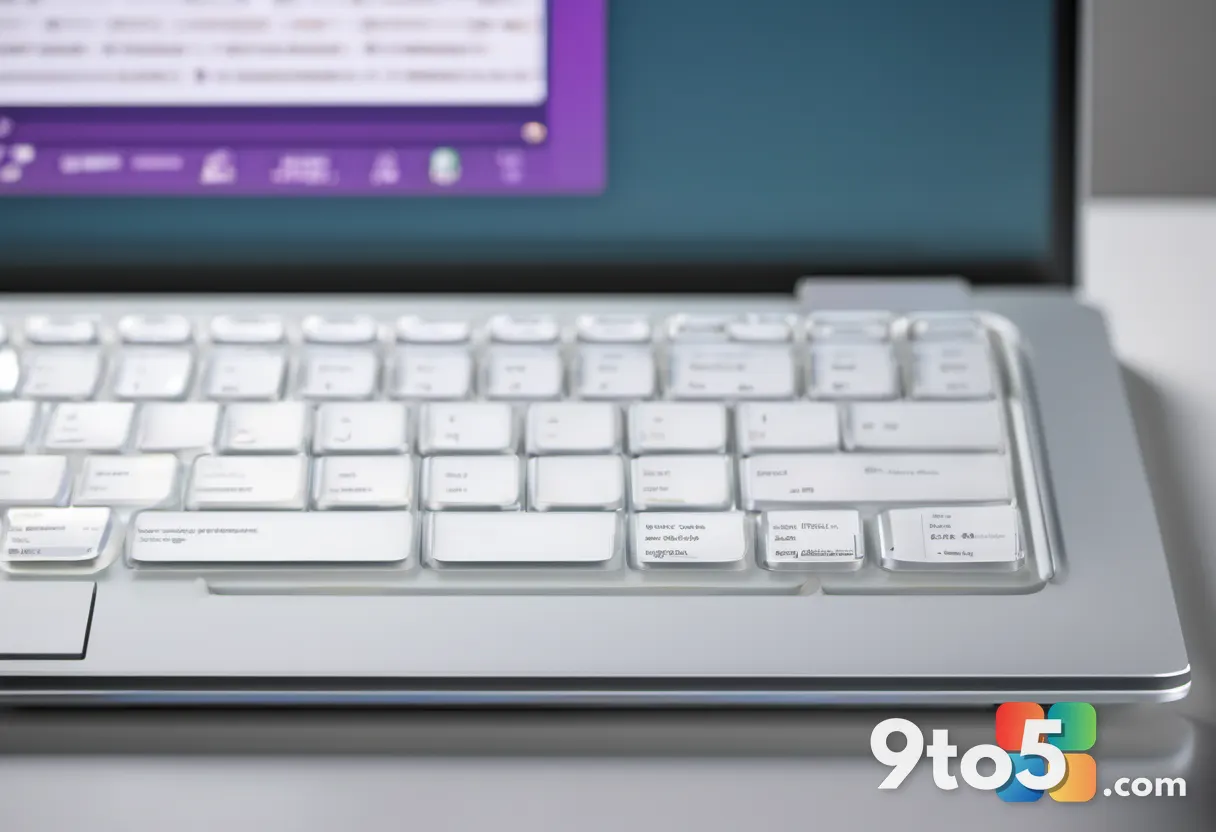 A close-up shot of a modern laptop keyboard with backlit keys, showing a hand typing efficiently, with shallow depth of 