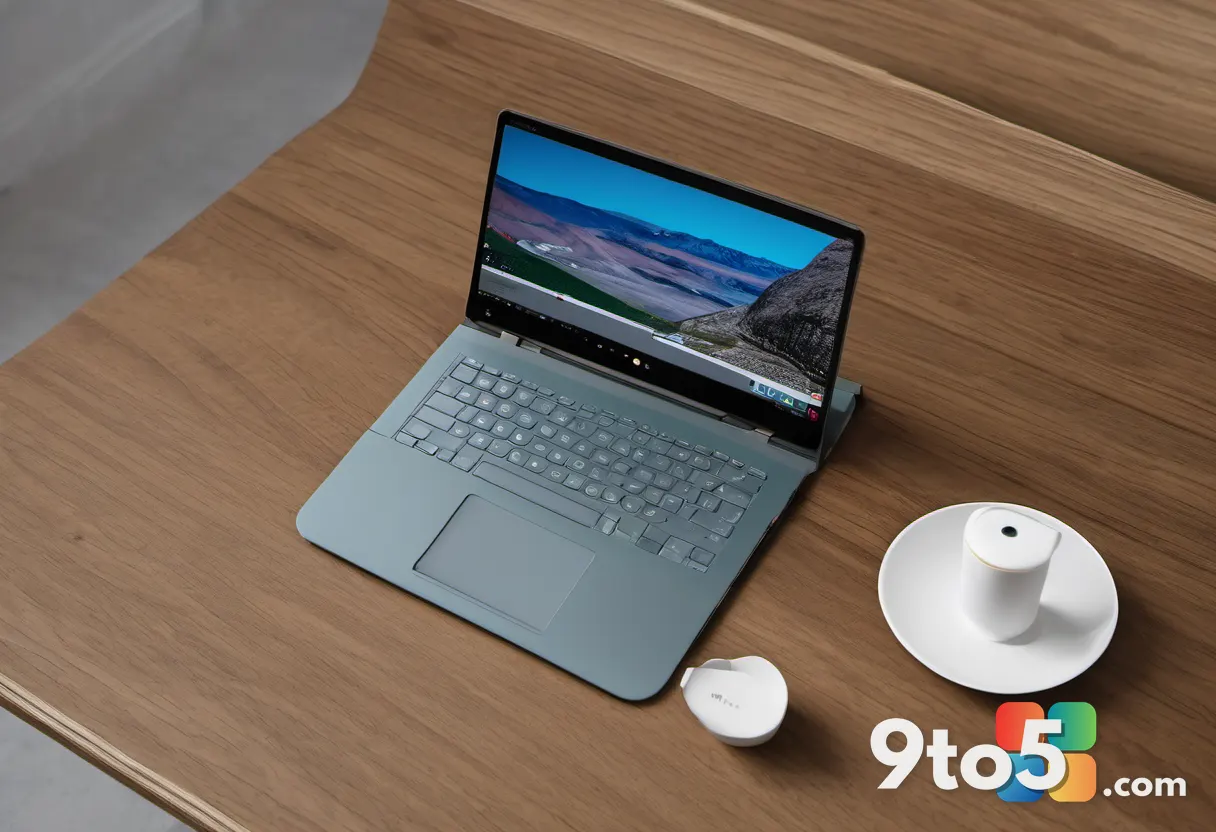 An overhead view of a convertible laptop in tablet mode resting on a wooden table next to a coffee cup, emphasizing port
