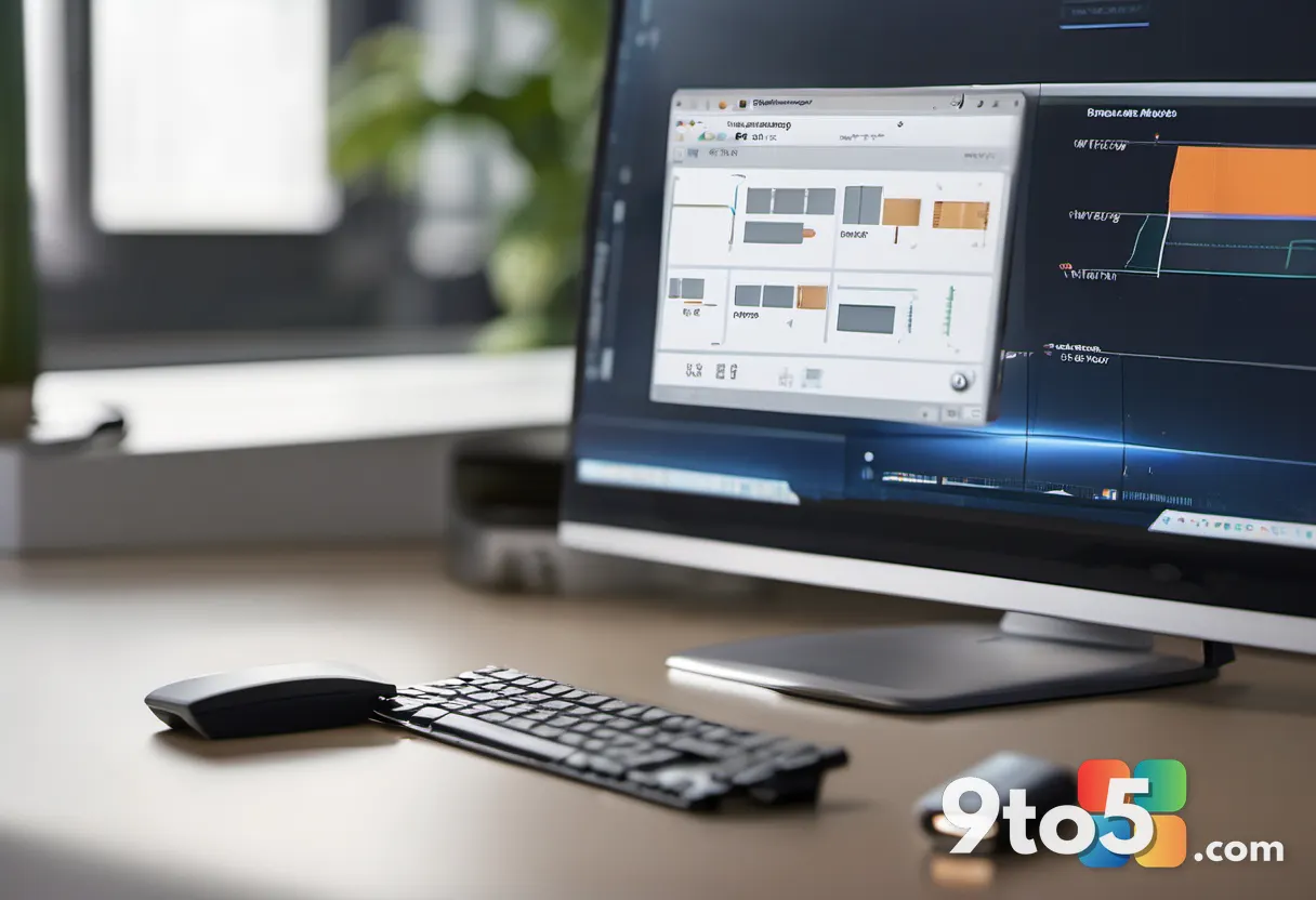 Close-up of hands holding a USB drive next to a desktop monitor displaying disk partition diagrams, shallow depth of fie