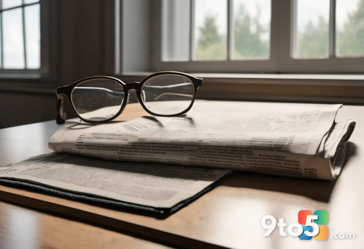 A weathered newspaper headline about technology rests on a desk beside a pair of reading glasses, soft natural light, no