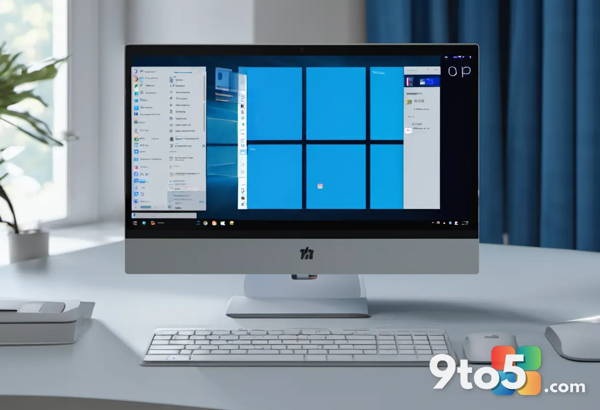 A modern laptop screen shows a glowing AI interface overlaying a Windows desktop, cool blue and white tones, clean minim