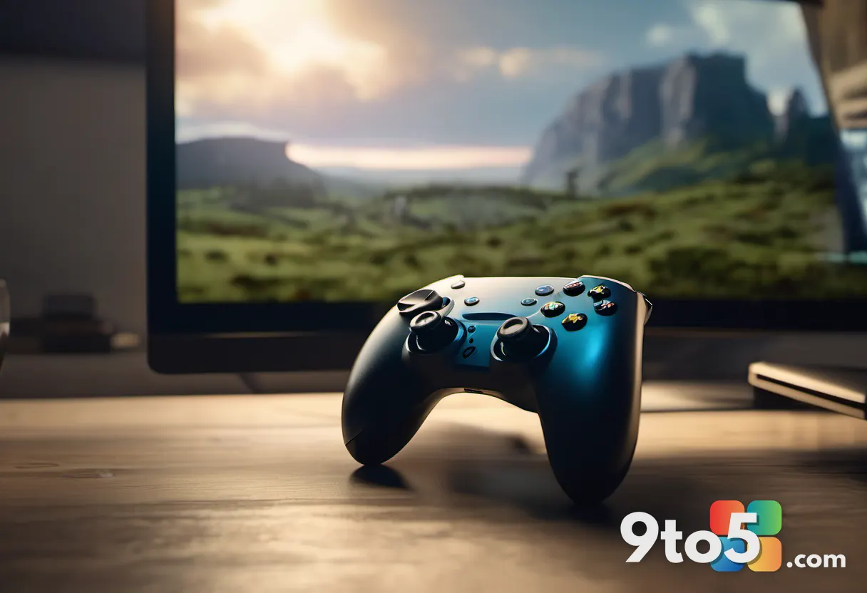 A close-up of a weathered game controller resting on a desk with a blurred background of a fantasy landscape, evoking an