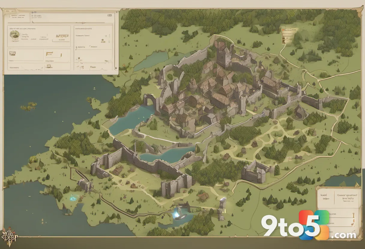 A stylized map of a fictional medieval kingdom with glowing markers and ancient ruins, representing the vast new territo