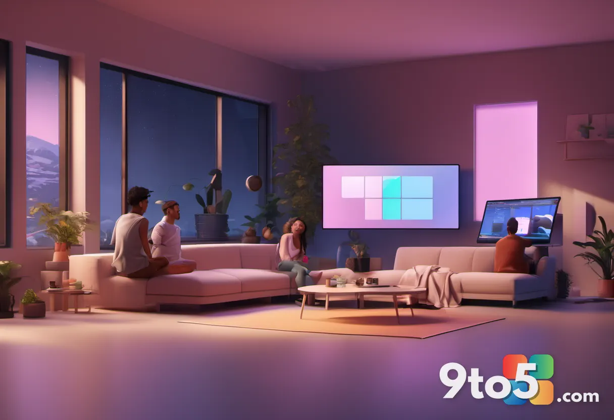 A diverse group of people relaxing in a modern living room, watching various screens displaying different types of conte