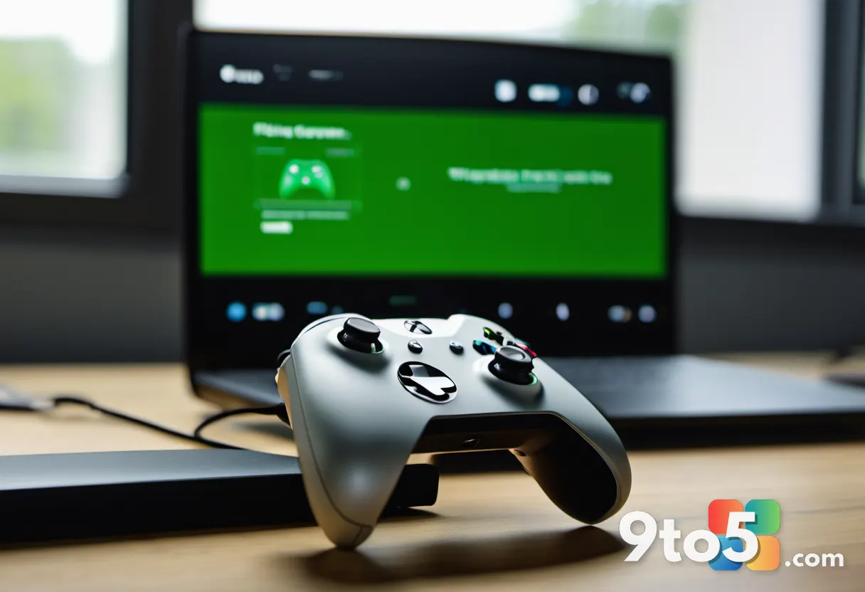 A close-up of a modern Xbox controller resting on a wooden desk next to a laptop displaying the Xbox app, bathed in natu