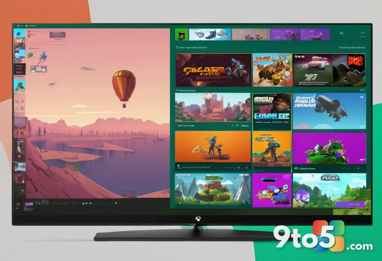 A split-screen digital illustration showing classic Xbox game art transitioning into a modern Windows desktop interface,