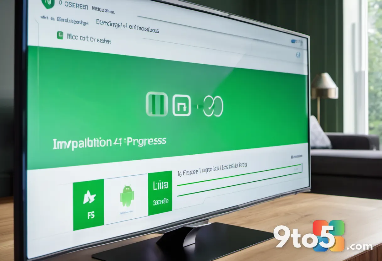 A close-up of a digital download progress bar on a TV screen showing 100% completion with a green checkmark, symbolizing