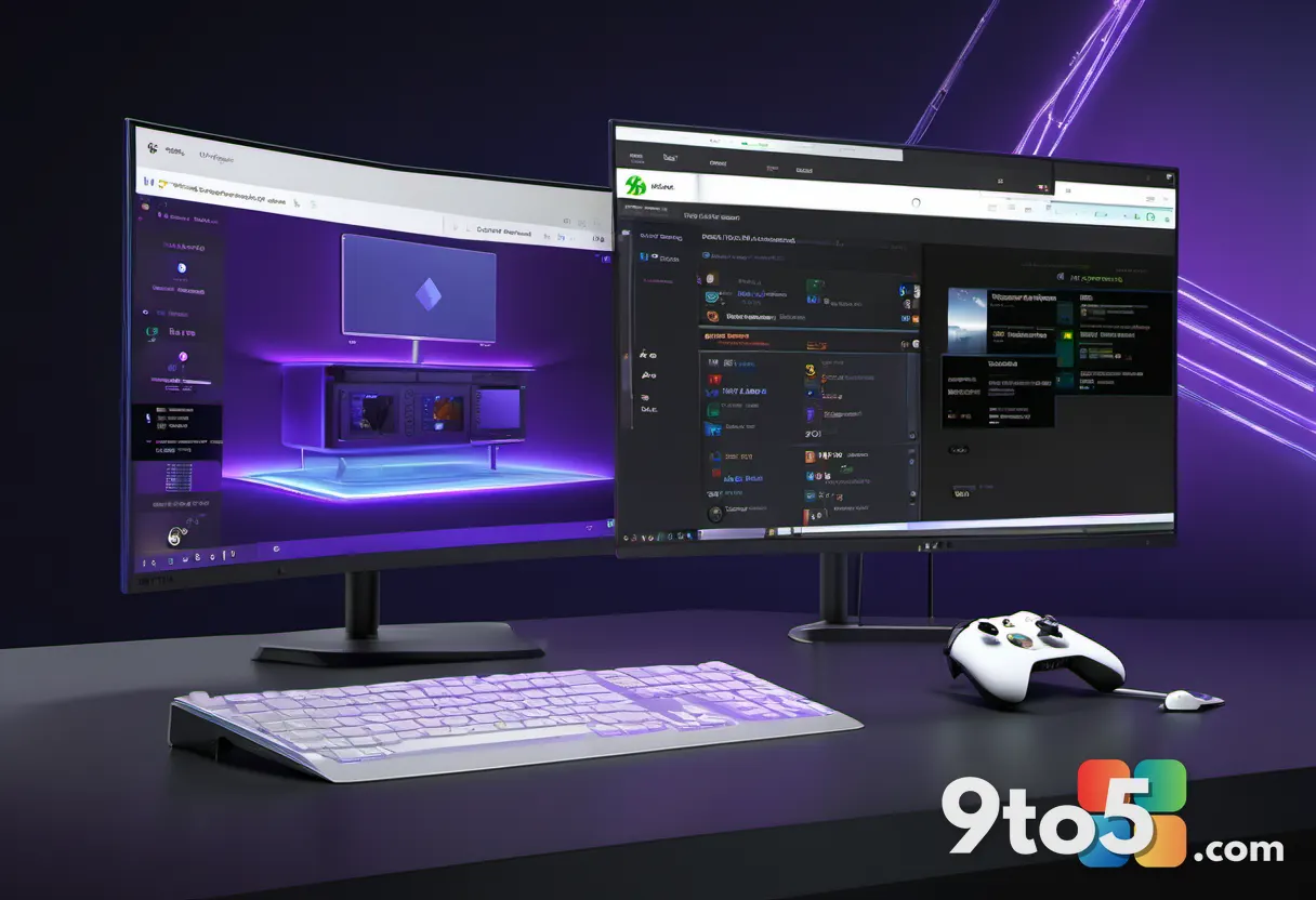A split image showing an Xbox Series X console on one side and a gaming laptop on the other, connected by a glowing data