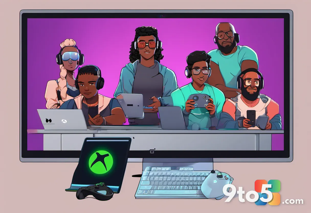 A diverse group of gamers of different ages and backgrounds sitting together, each using a different device to play Xbox
