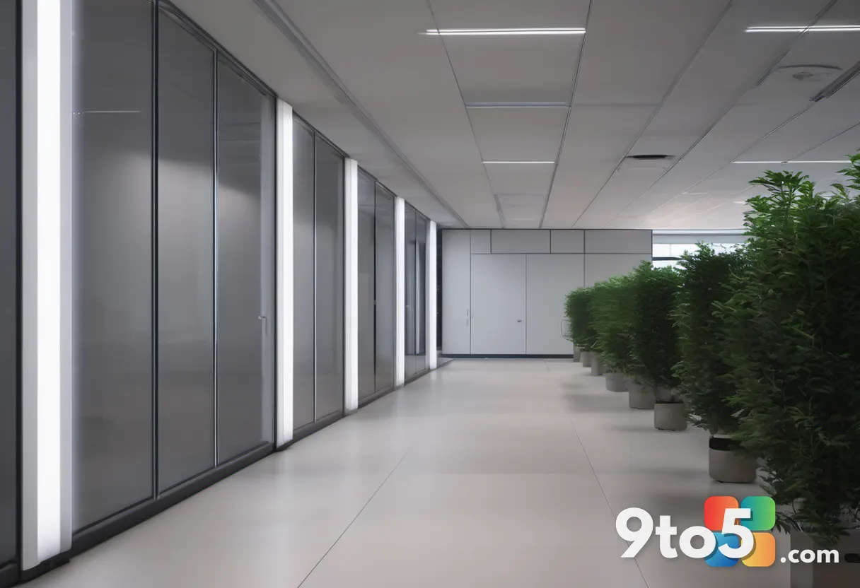 A blurred office hallway with empty desks and closed doors, lit by cool fluorescent light, conveying a sense of sudden d