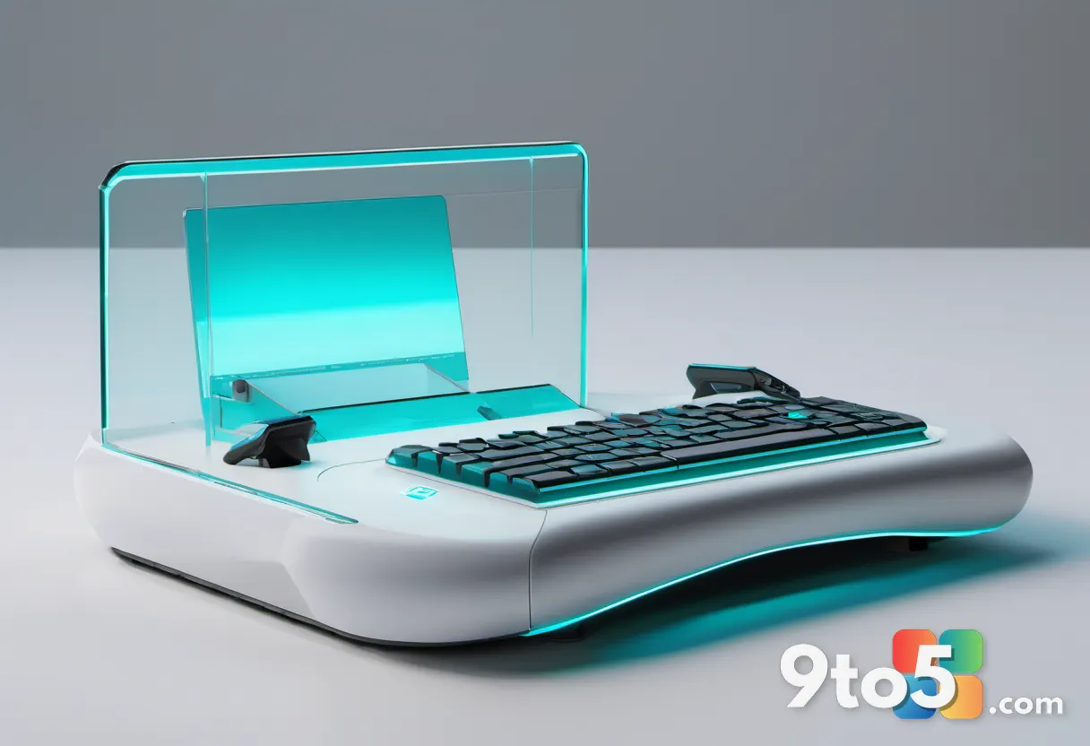 A conceptual illustration of a futuristic gaming console with glowing cyan accents, sitting on a clean white surface. Th