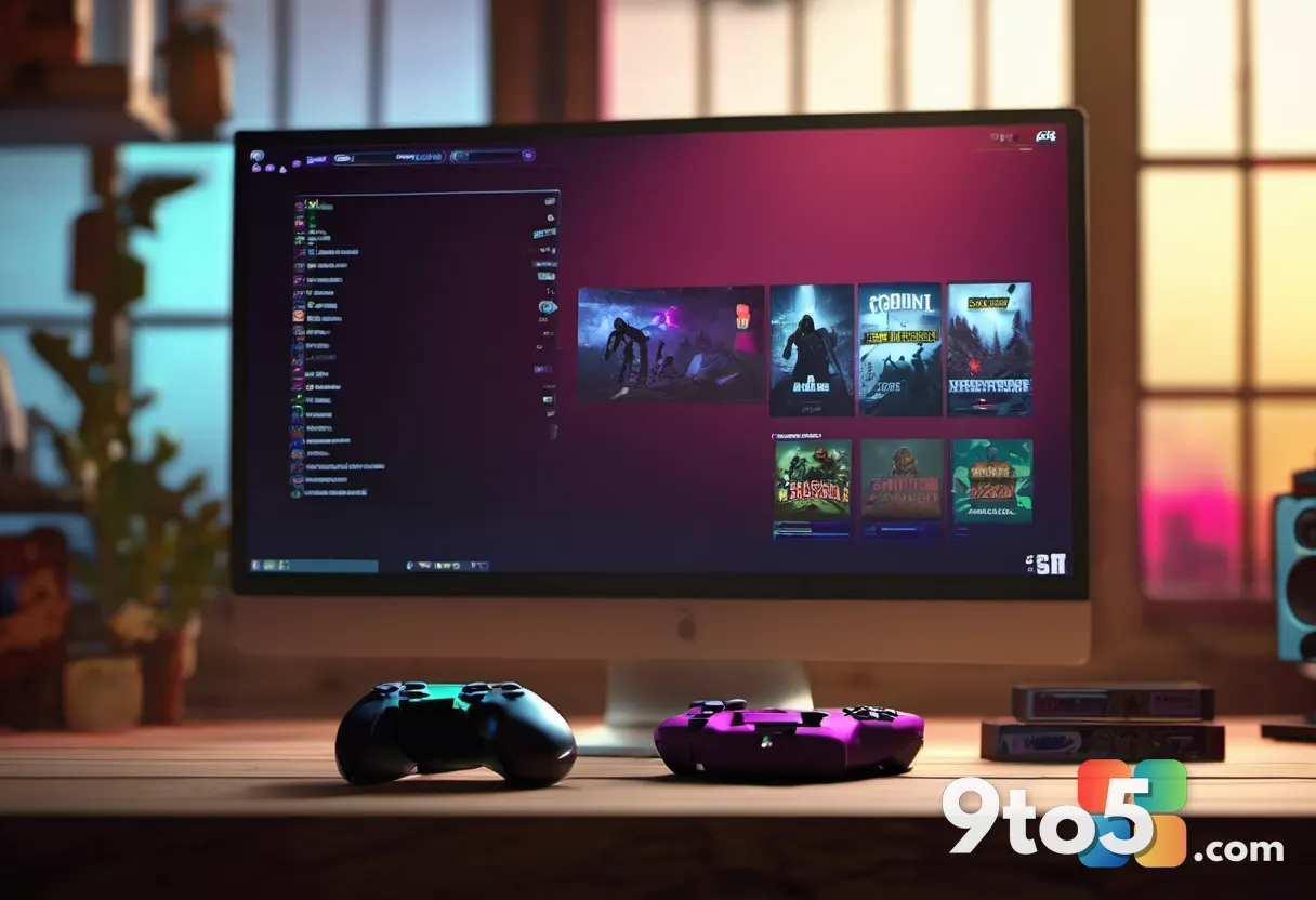 A close-up of a modern game controller resting on a wooden desk next to a stack of colorful game cases. Soft focus backg
