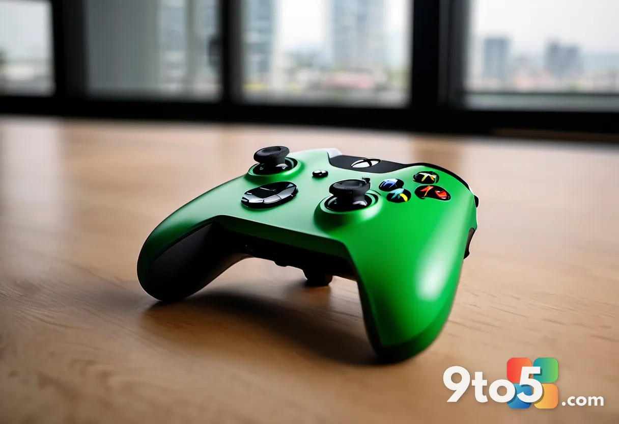 Close-up of a modern Xbox controller on a wooden surface, with a blurred background of a living room TV displaying a gam