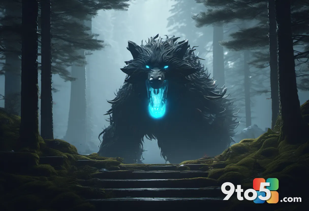 A dynamic scene of a mysterious, beast-like creature emerging from a swirling portal in a dark, mystical forest, with gl