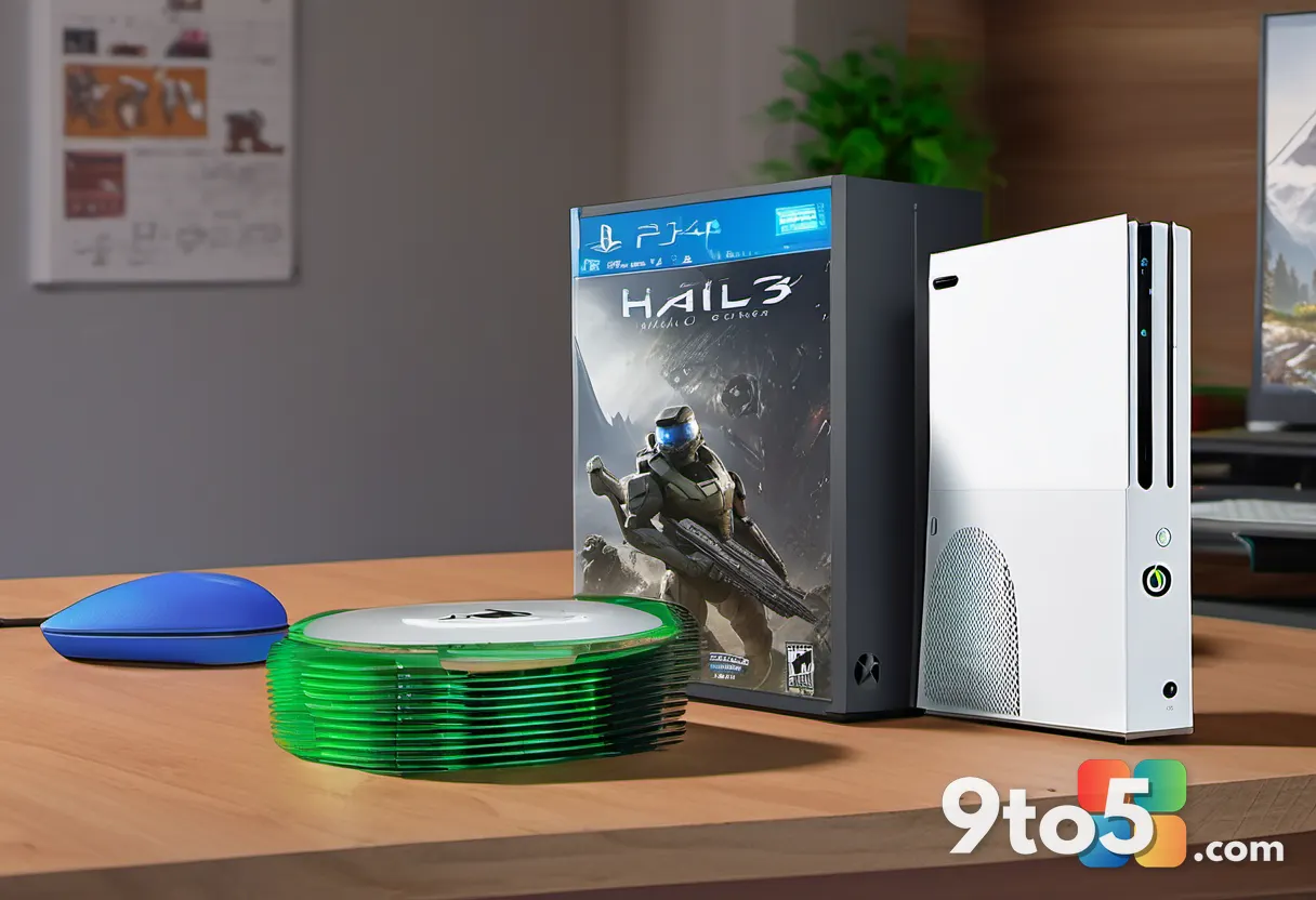 A close-up of a worn Xbox physical game case resting on a wooden desk beside a stack of classic Halo concept art sketche