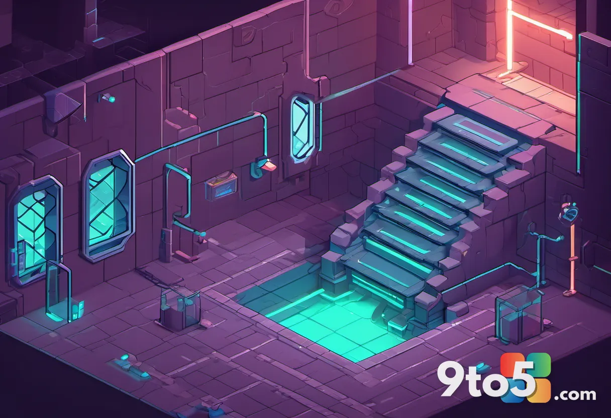A stylized illustration of a retro-futuristic dungeon environment with isometric camera angles, glowing crystals, and pi