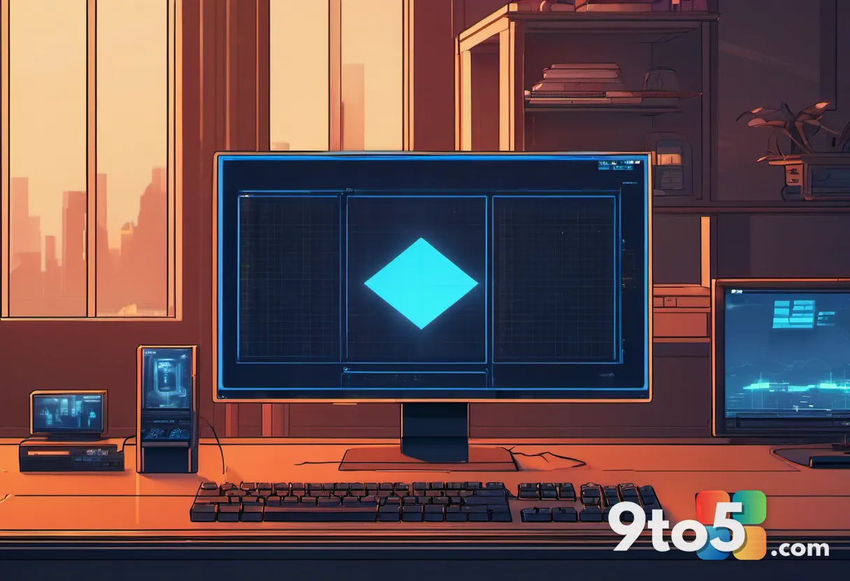 A close-up of a sleek, futuristic controller resting on a dark wooden desk next to a glowing monitor showing abstract ge