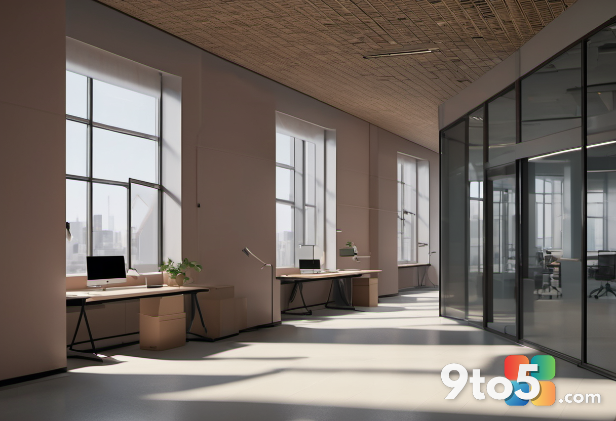 A modern office hallway with empty desks and boxes being packed, dim lighting, sense of corporate transition and uncerta