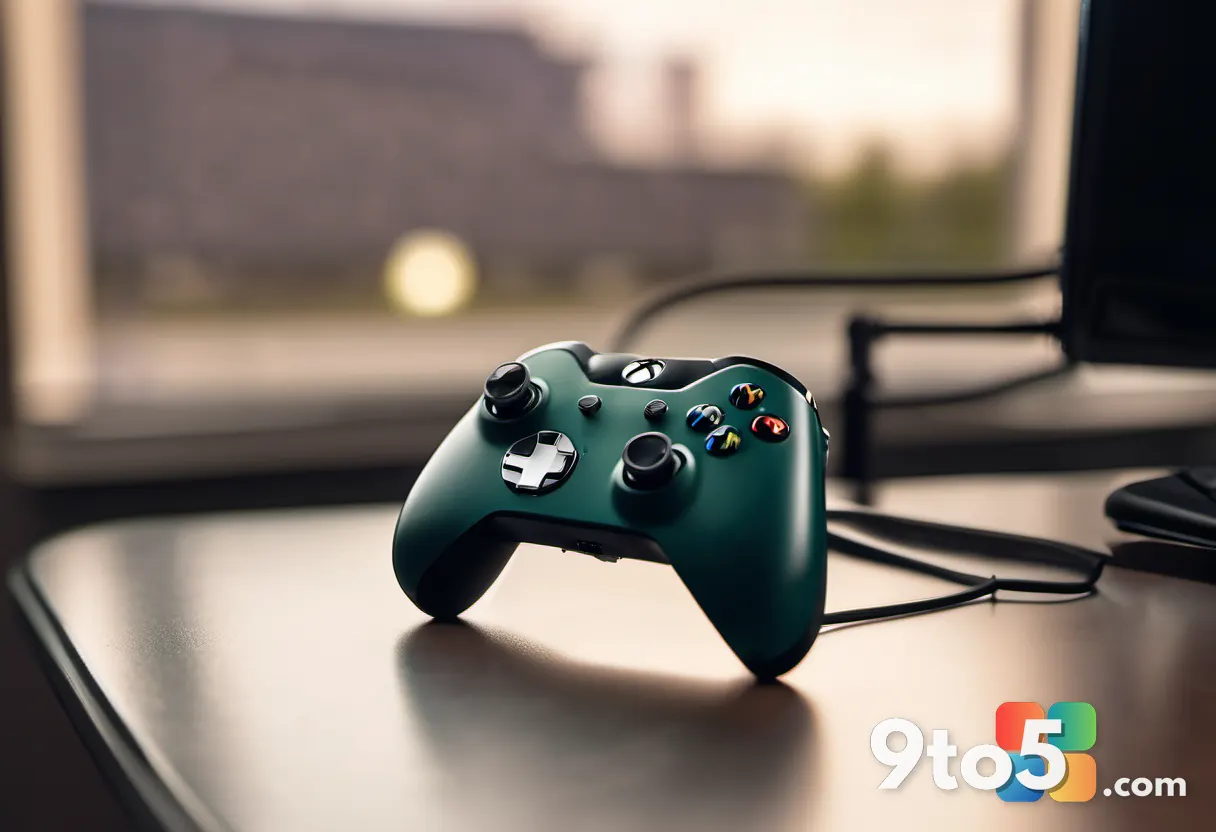A close-up of a vintage Xbox controller connected to a modern PC via a USB cable, warm desk lamp lighting, shallow depth