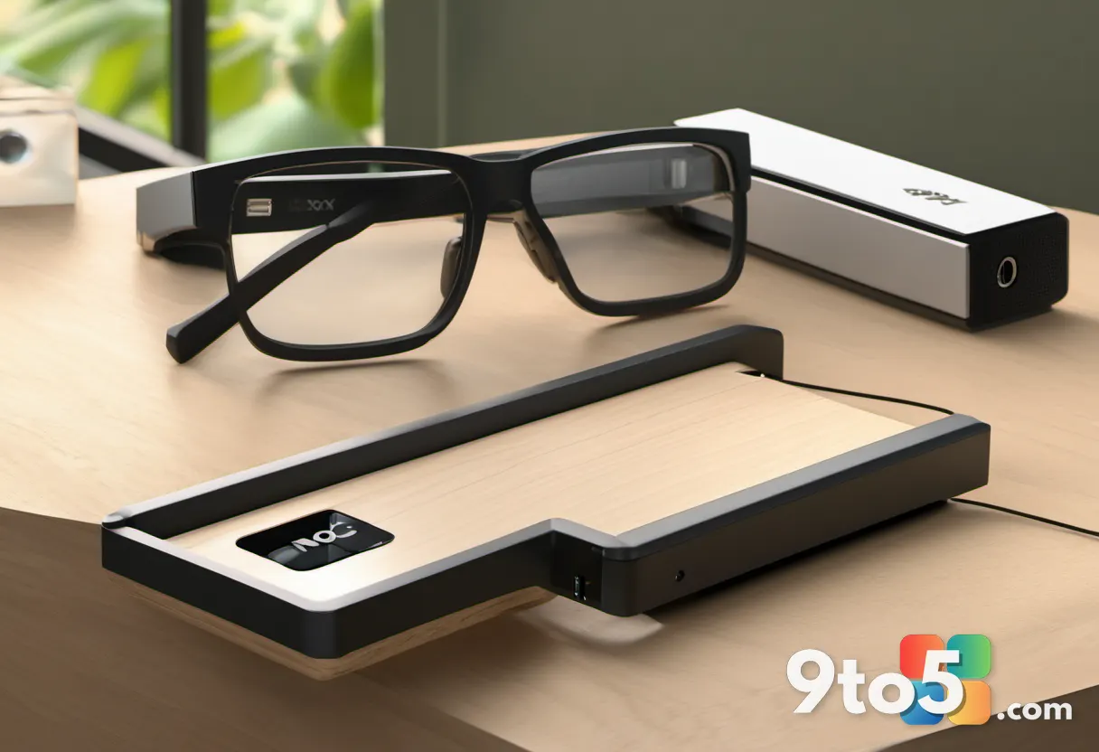 An overhead view of a wooden desk with a printed Xbox 360 game case, a USB drive, and a pair of reading glasses, natural