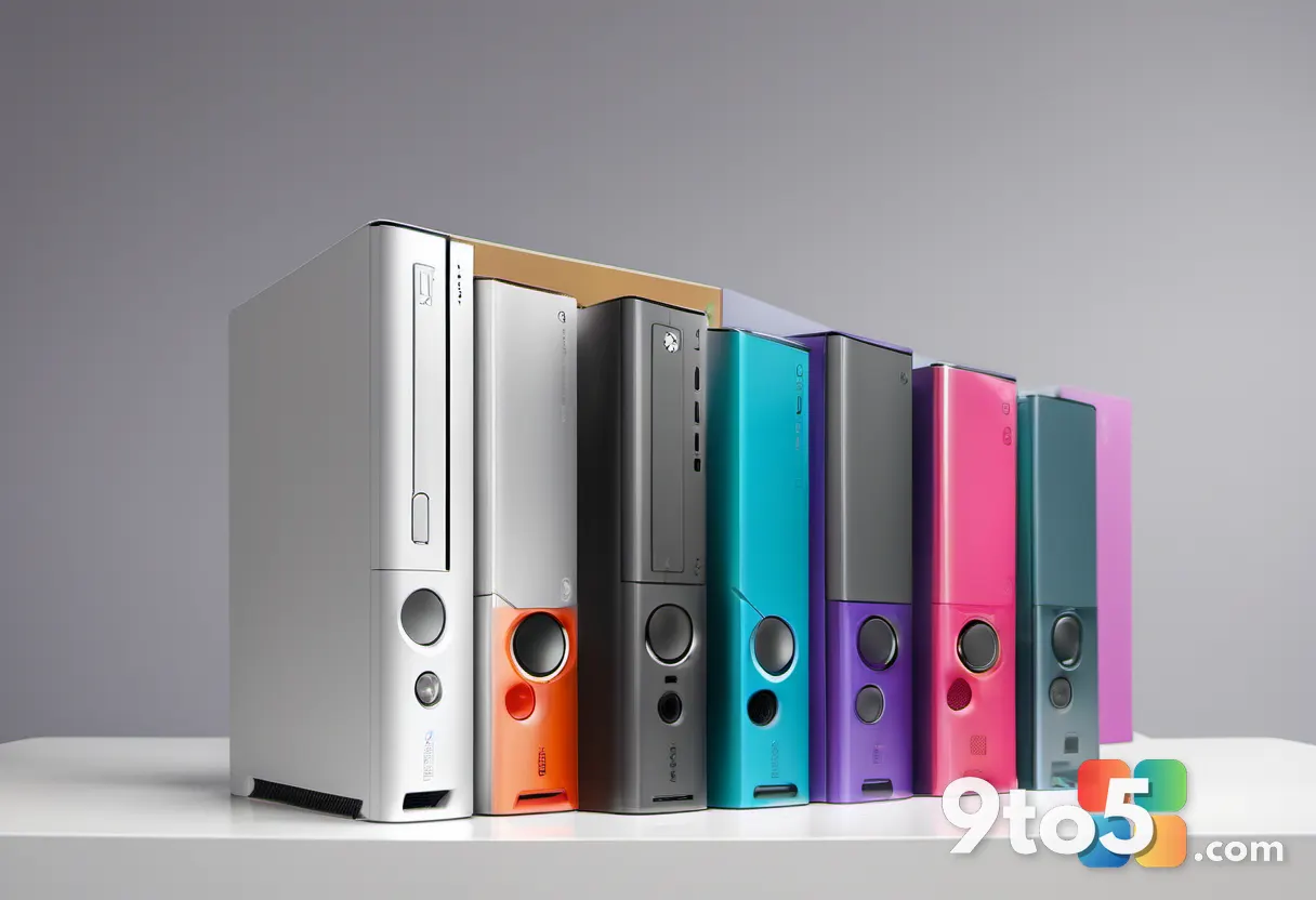A row of colorful Xbox 360 game cases standing upright on a white shelf, soft studio lighting, clean and organized