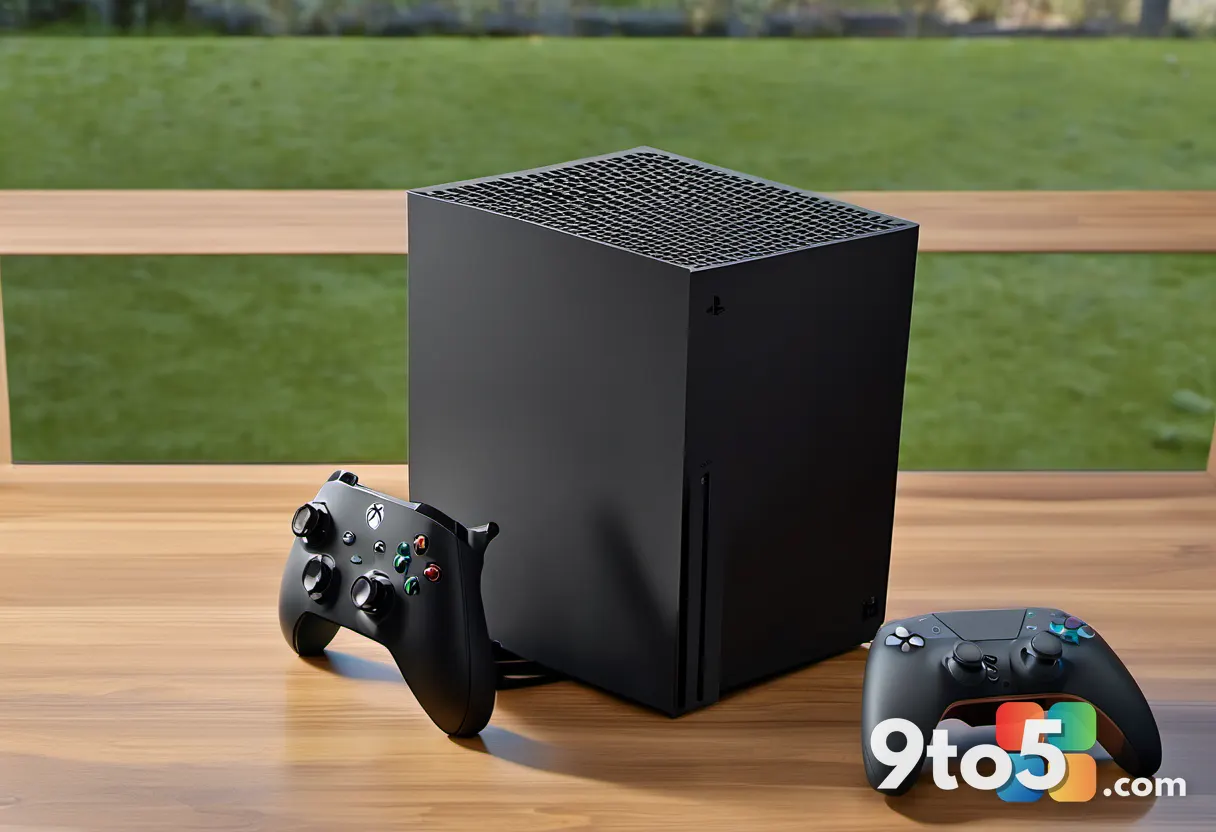 A split view of an Xbox Series X and a PlayStation 5 console standing side by side on a wooden surface, with a small dig