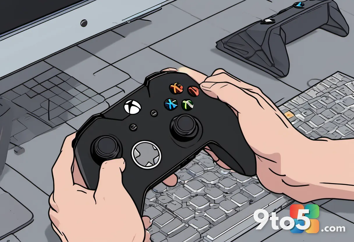 A close-up of a gamer's hands holding an Xbox controller, with a television screen in the background displaying the GTA 
