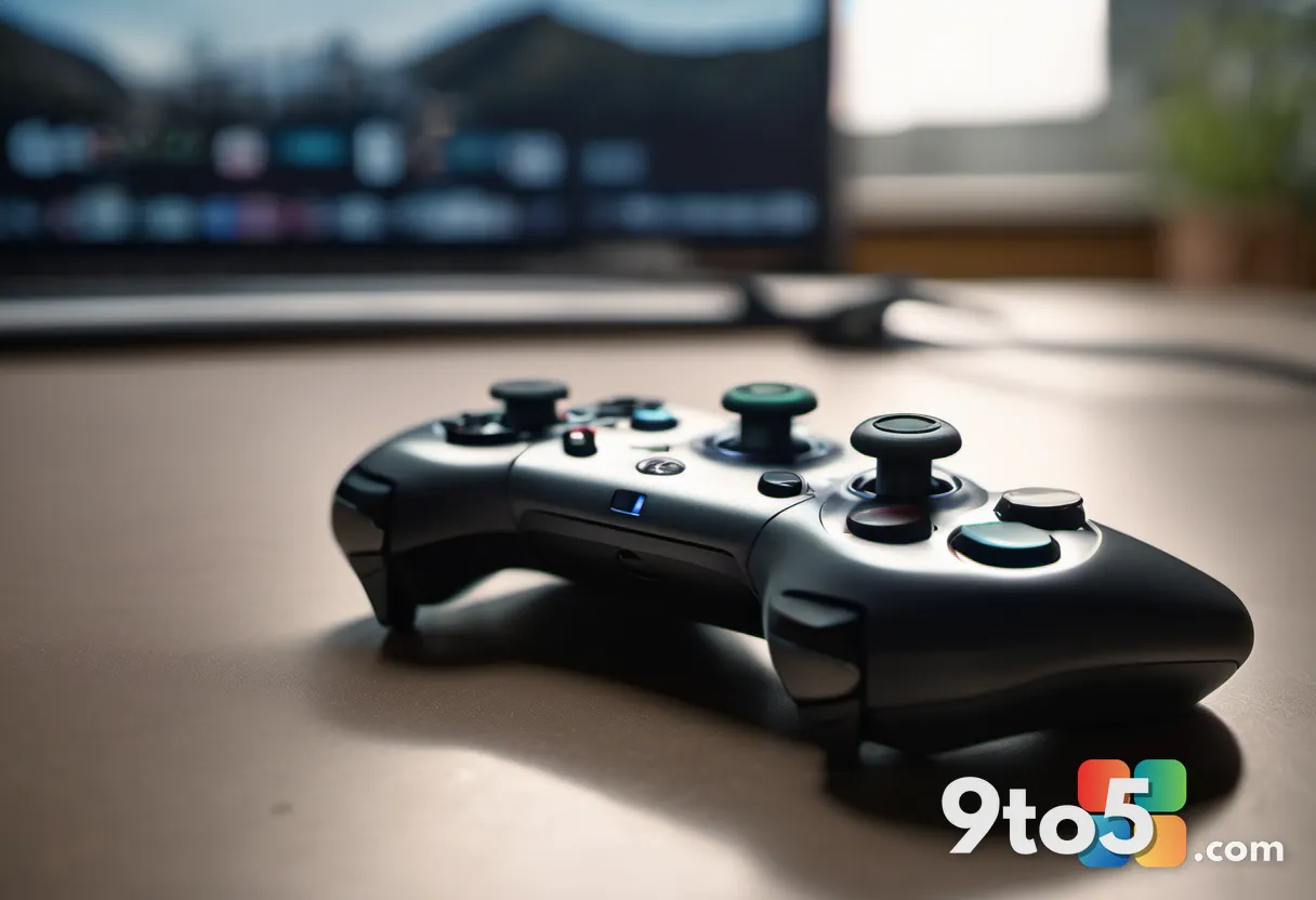 A close-up of a video game controller resting on a textured surface with soft lighting highlighting the buttons and anal