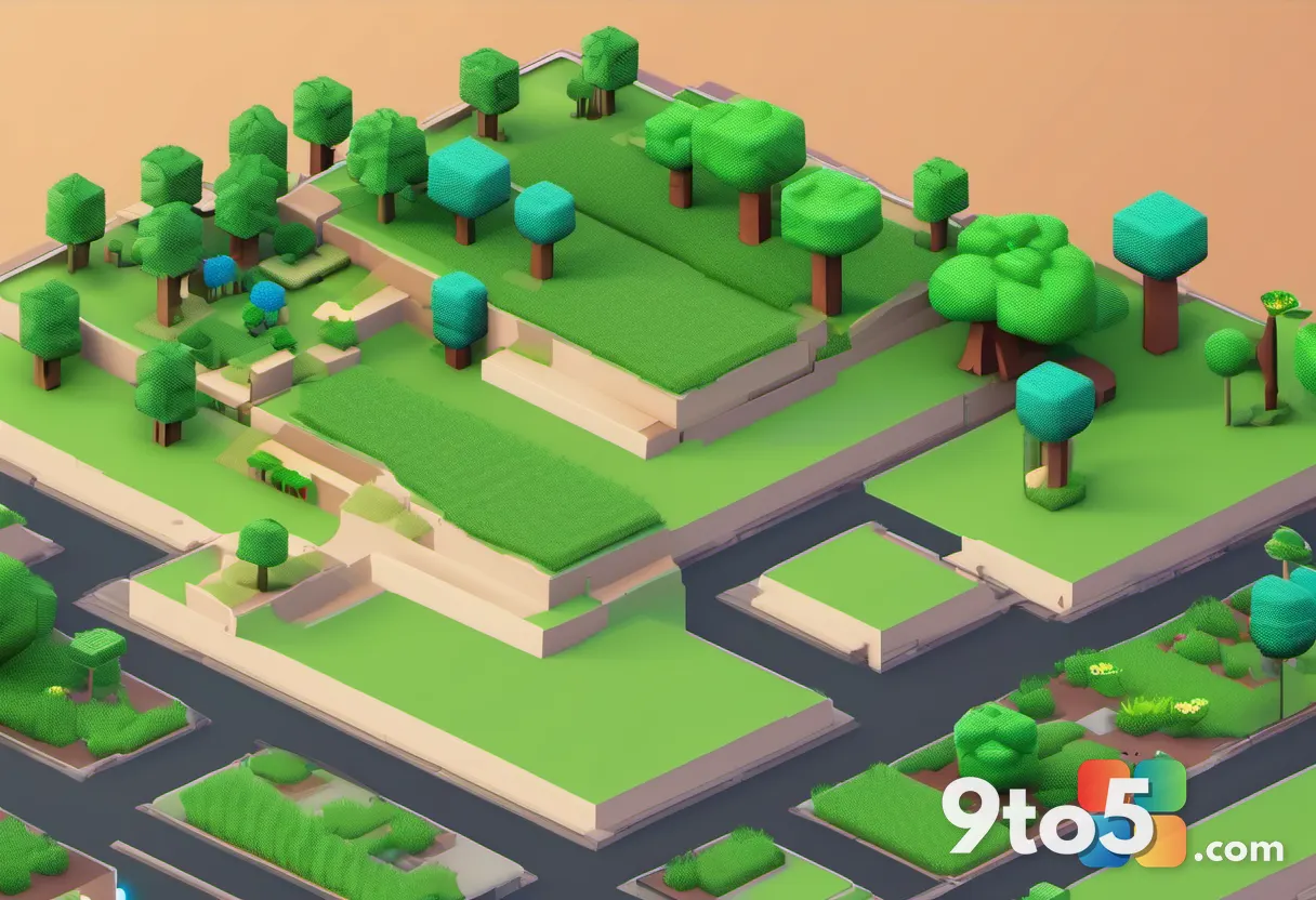 A blocky, pixelated landscape reminiscent of a popular sandbox game, featuring grass blocks and trees under a bright sky